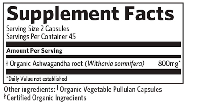 Organic India Ashwagandha Capsule Ingredients Label Image